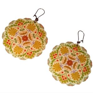 Big 60s Retro Flower Mandala Earrings Bohemian Lightweight Wood Green Gold Boho